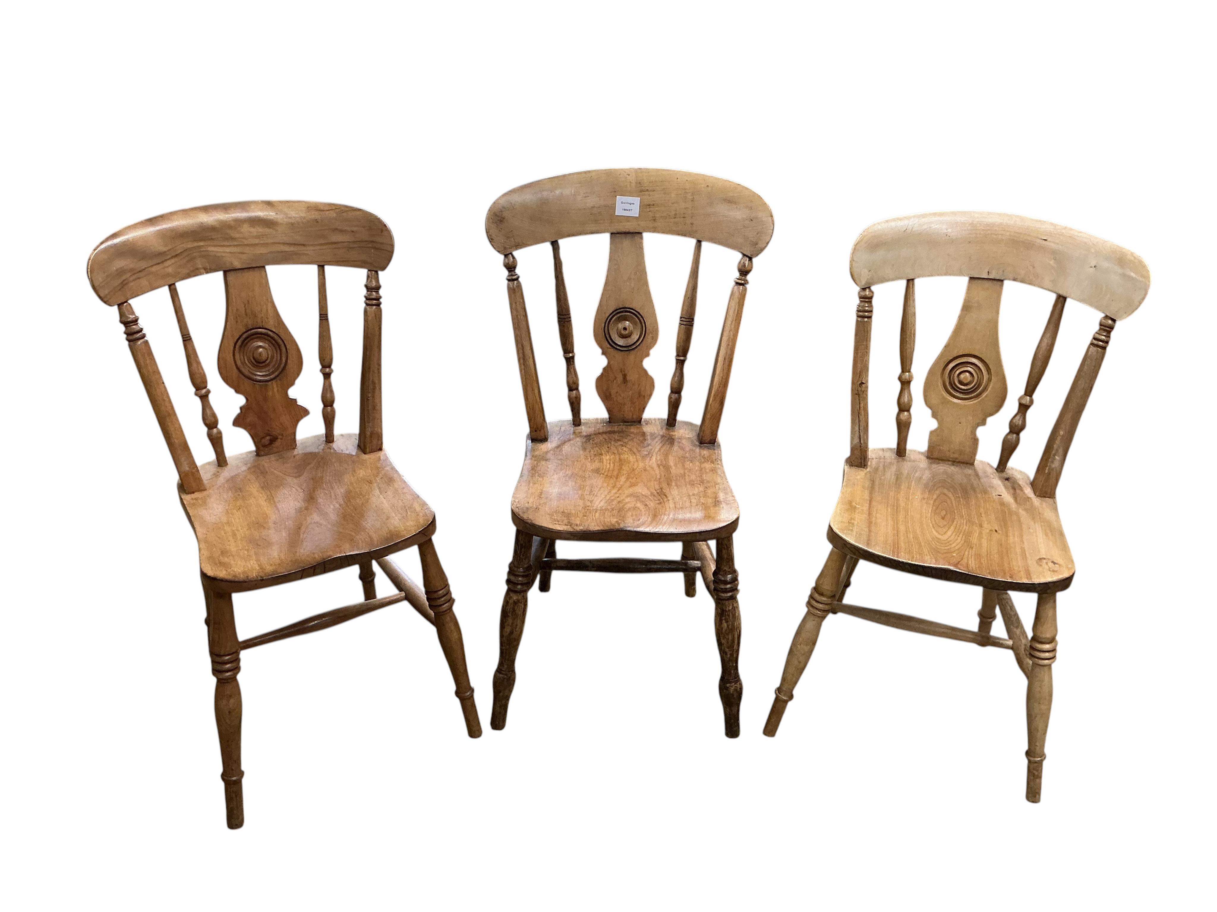 A set of six Victorian elm and beech Windsor kitchen chairs, width 45cm, depth 38cm, height 85cm